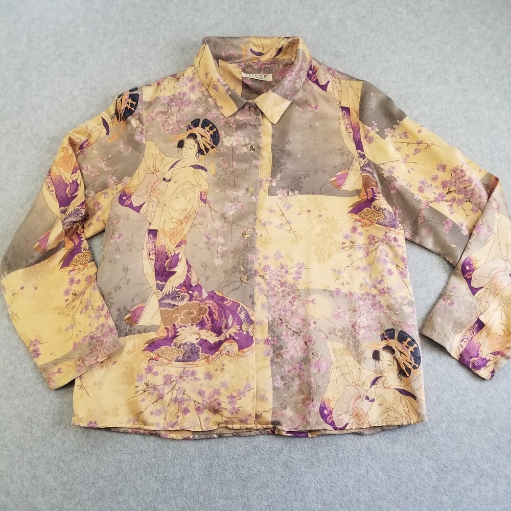 Citron Shirt Womens Large Geisha Floral Print Silk Vintage‎ Asian Style Japanese